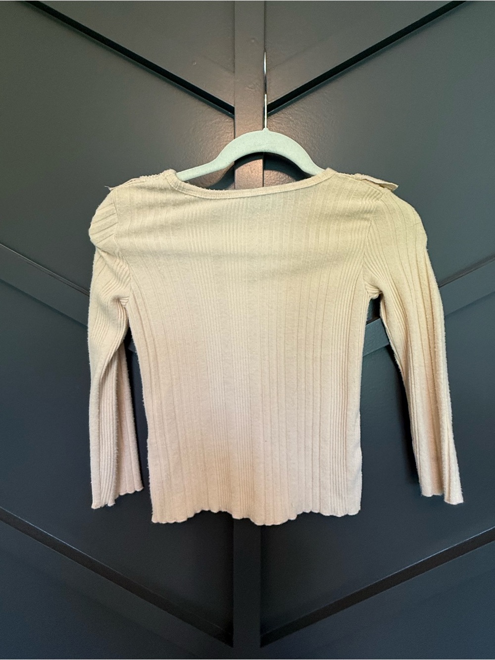 Girls Cream Ruffle Ribbed Long-Sleeve Top - Picture 2 of 3